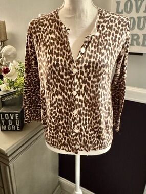 LOFT Leopard Print Button Front Cardigan Sweater Medium 100% Cotton